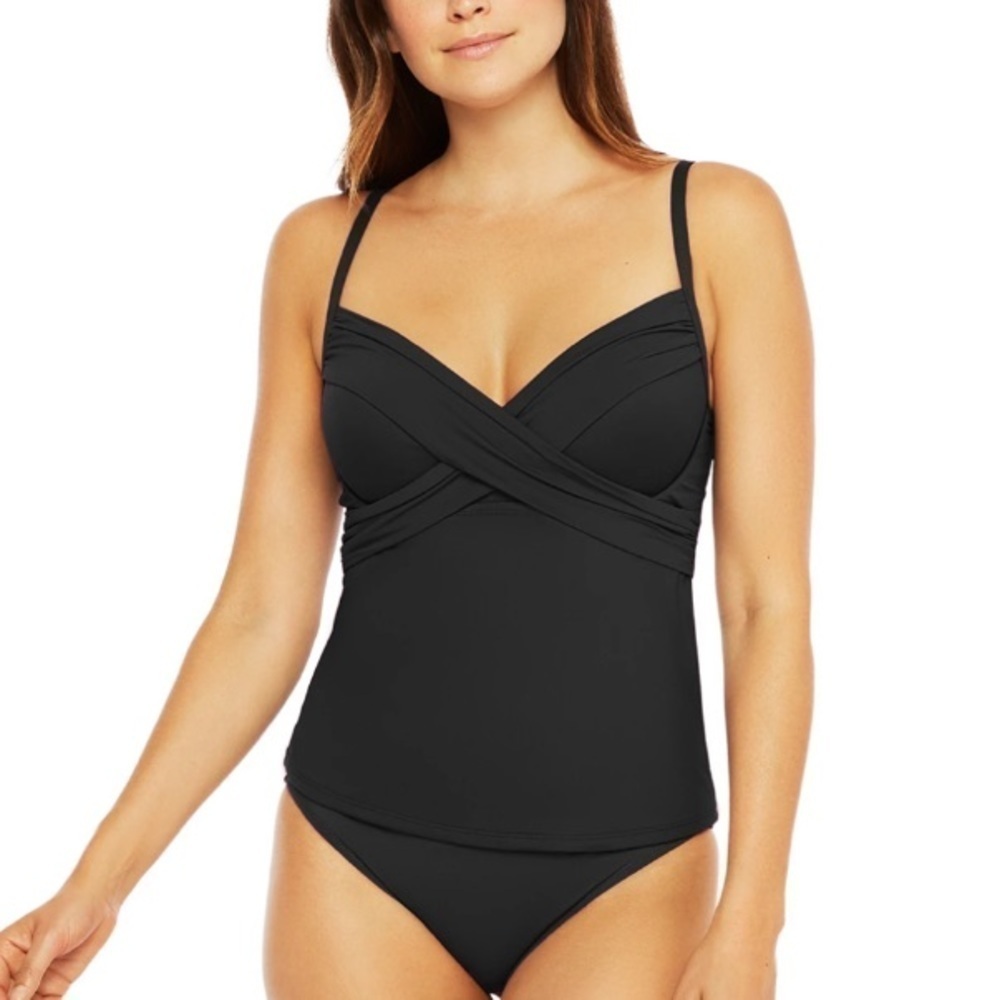 La Blanca Black Island Goddess underwire wrap tankini top 4 NWOT
